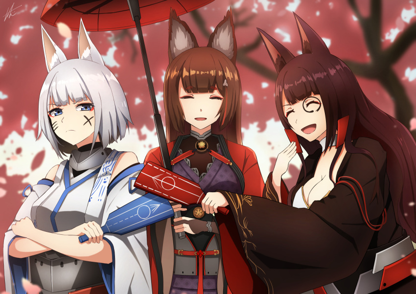 akagi_(azur_lane) amagi_(azur_lane) animal_ears azur_lane bangs black_kimono blue_eyes blunt_bangs breasts brown_hair choker eyeliner eyeshadow fox_ears fox_girl hair_ornament highres japanese_clothes kaga_(battleship)_(azur_lane) kimono kitsune large_breasts long_hair makeup multiple_tails oriental_umbrella paddle paint_on_face red_eyes tail thick_eyebrows tosaka0002 umbrella violet_eyes white_hair white_kimono wide_sleeves