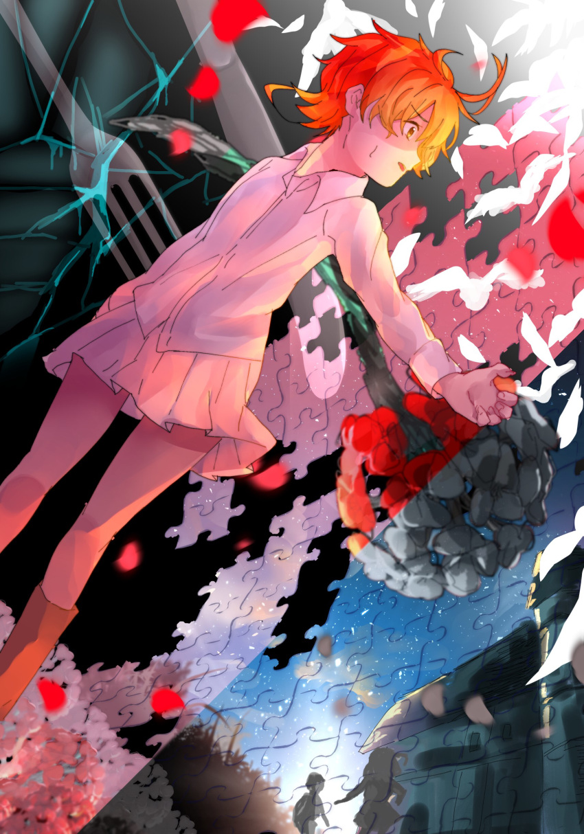 1girl absurdres ahoge arm_at_side bird black_background boots bouquet brown_eyes brown_footwear dove emma_(yakusoku_no_neverland) flower fork hand_out highres knife looking_to_the_side open_mouth orange_hair puzzle puzzle_piece shirt short_hair silhouette skirt solo standing sweatdrop tsudhukisuuta white_shirt white_skirt yakusoku_no_neverland