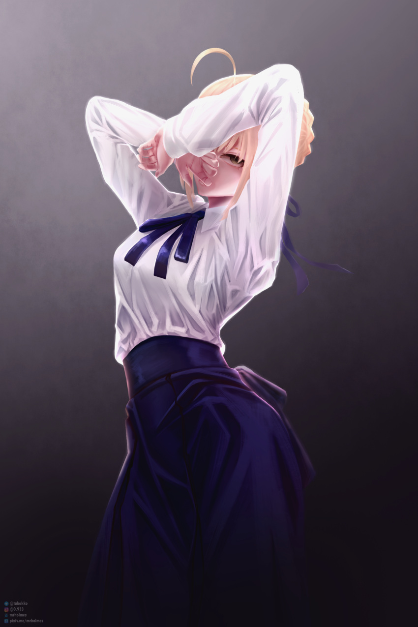 absurdres artoria_pendragon_(all) blonde_hair blue_ribbon blue_skirt fate/grand_order fate/stay_night fate/zero fate_(series) highres looking_at_viewer mr.holmes ribbon saber shirt skirt white_shirt