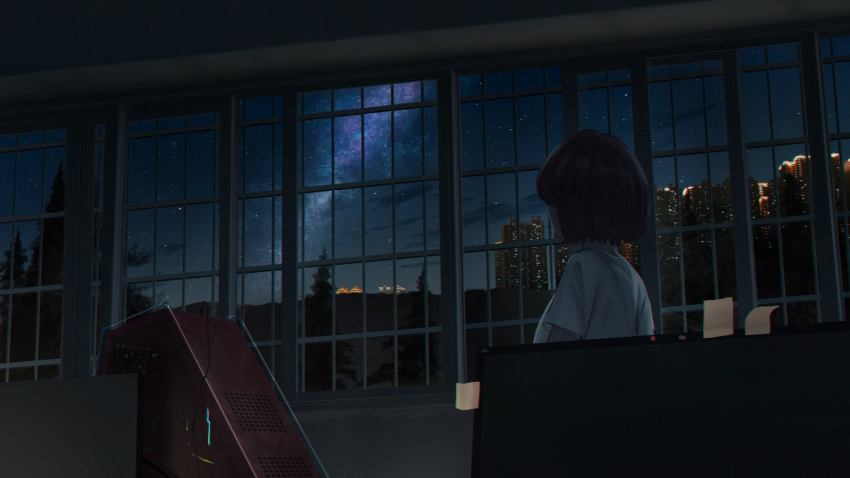 1girl black_hair bottle7 cable cityscape commentary_request facing_away highres indoors night night_sky note original shirt short_hair short_sleeves sky solo star_(sky) starry_sky television tree upper_body white_shirt window