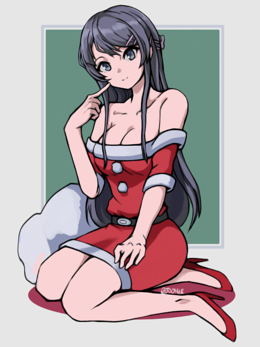 1girl absurdres artist_name bae_joohyun bare_shoulders black_hair blue_eyes breasts bunny_hair_ornament cleavage full_body hair_ornament hairclip high_heels highres long_hair looking_at_viewer medium_breasts pointing pointing_at_self red_footwear sack sakurajima_mai santa_costume seishun_buta_yarou sidelocks simple_background sitting smile solo