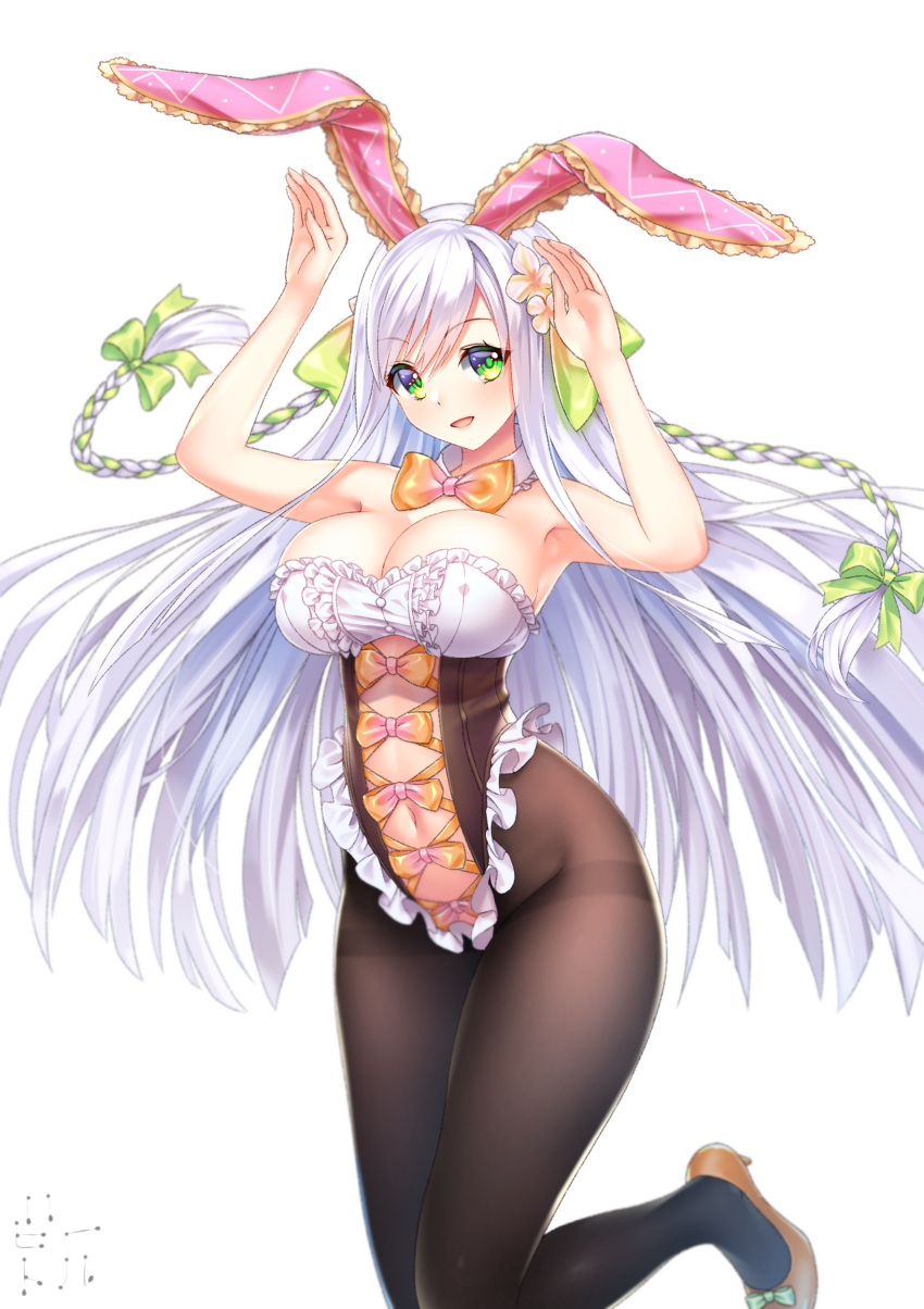 1girl :d absurdres animal_ears armpits bare_shoulders bettle_(b_s_a_n) bow bowtie braid breasts brown_footwear bunnysuit cleavage collar detached_collar flower green_bow green_eyes hair_between_eyes hair_bow hair_flower hair_ornament hands_up high_heels highres large_breasts long_hair navel open_mouth orange_neckwear pantyhose rabbit_ears sennen_sensou_aigis simple_background smile solo standing standing_on_one_leg thighband_pantyhose twin_braids very_long_hair white_background white_collar