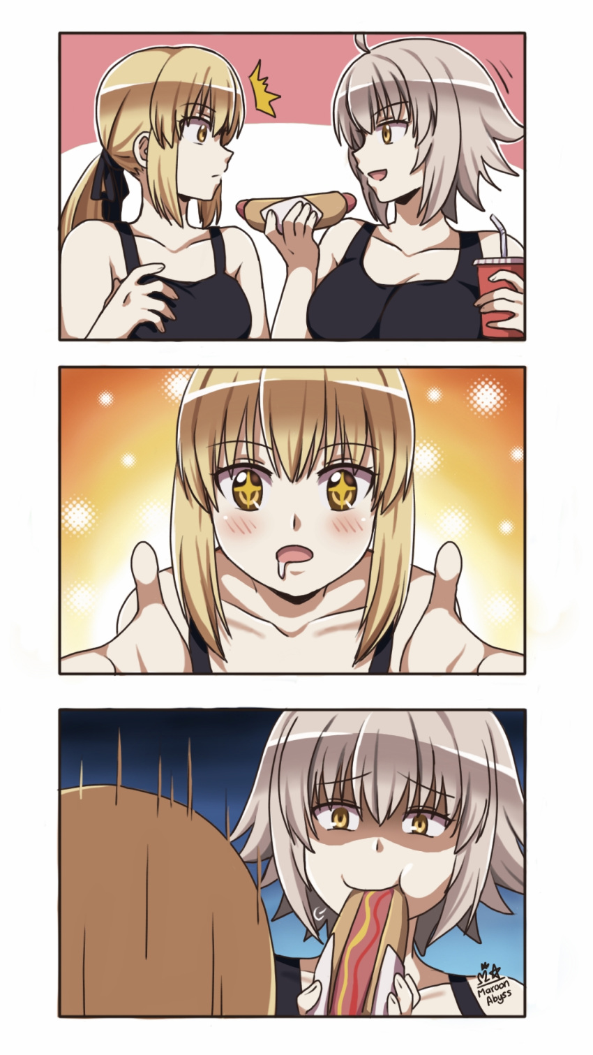 3koma artoria_pendragon_(all) bare_shoulders black_tank_top blonde_hair blush comic cup drinking_straw drooling eating eyebrows_visible_through_hair fate/grand_order fate_(series) hair_between_eyes hair_ribbon highres hot_dog jeanne_d'arc_(alter)_(fate) jeanne_d'arc_(fate)_(all) low_ponytail maroonabyss open_mouth ribbon short_hair signature simple_background white_hair yellow_eyes
