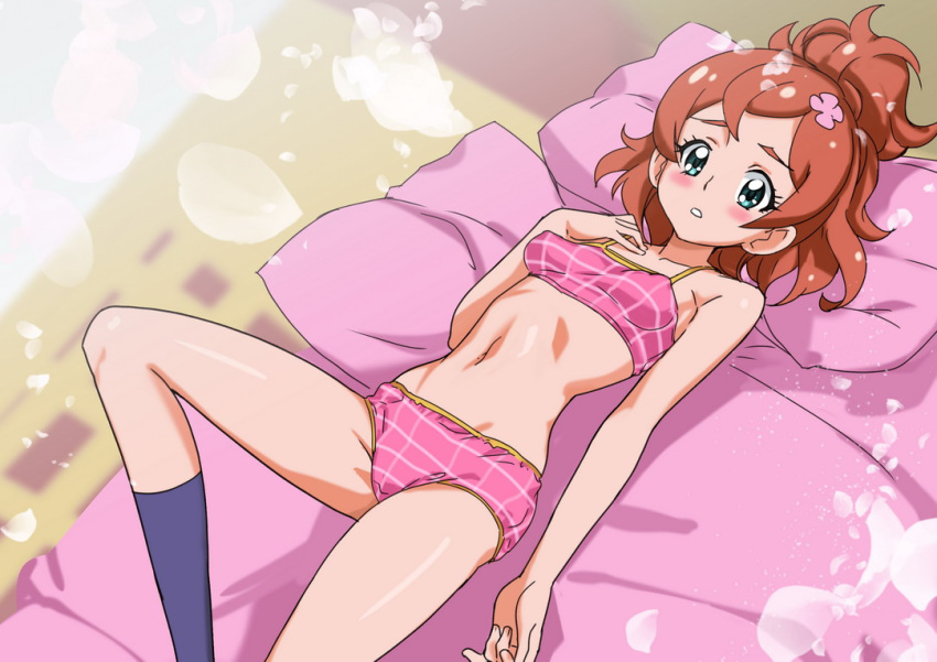 1girl bangs black_legwear blanket blue_eyes blush bra breasts brown_hair commentary crotch_seam go!_princess_precure half_updo hand_on_own_chest haruno_haruka legs light_frown looking_at_viewer lying medium_hair navel on_back ontaros panties parted_lips pillow pink_bra pink_panties precure print_bra print_panties small_breasts socks solo training_bra underwear underwear_only