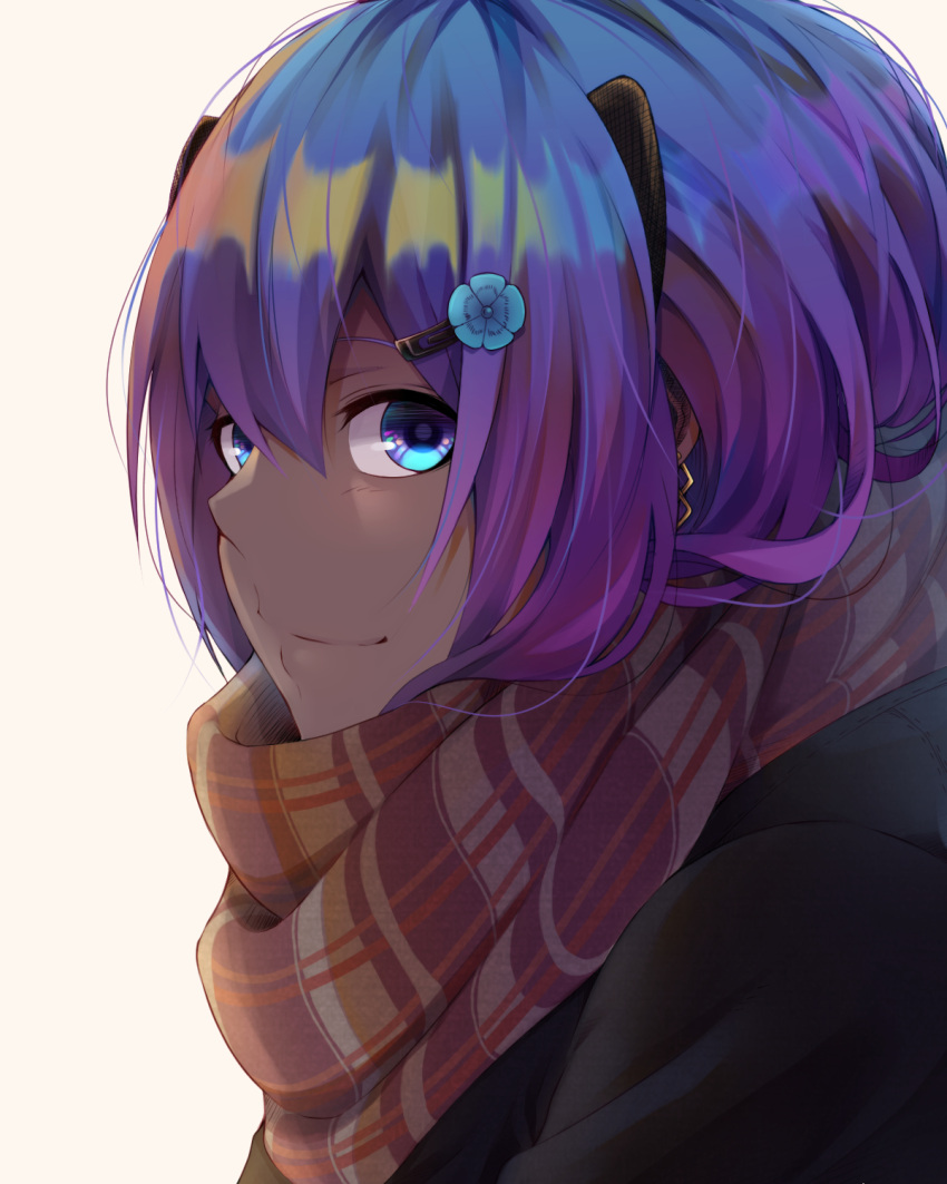 1girl bangs black_hairband checkered checkered_scarf close-up commentary_request copyright_request dark_skin earrings eyebrows_behind_hair face fate/grand_order fate_(series) flower hair_between_eyes hair_flower hair_ornament hairband hairclip hassan_of_serenity_(fate) highres jewelry looking_at_viewer portrait purple_hair scarf short_hair shunga_(shun608) simple_background smile solo violet_eyes