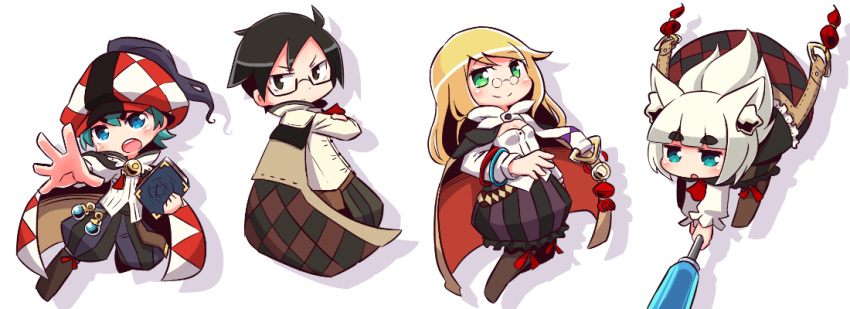 2boys 2girls 7th_dragon 7th_dragon_(series) :o animal_ear_fluff animal_ears bangs black-framed_eyewear black_eyes black_hair blonde_hair blue_eyes blue_hair blunt_bangs blush book boots breasts brown_cape brown_footwear bubble_skirt cape character_request checkered checkered_cape checkered_hat chibi closed_mouth drop_shadow eyebrows_visible_through_hair frilled_skirt frills glasses green_eyes hat holding holding_book ikurakun_(7th_dragon) knee_boots long_hair long_sleeves multiple_boys multiple_girls naga_u open_mouth pants parted_lips pince-nez puffy_pants semi-rimless_eyewear sharuru_(7th_dragon) shirt short_eyebrows skirt small_breasts smile striped thick_eyebrows under-rim_eyewear vanessa_(7th_dragon) vertical-striped_pants vertical-striped_skirt vertical_stripes very_long_hair white_background white_hair white_shirt