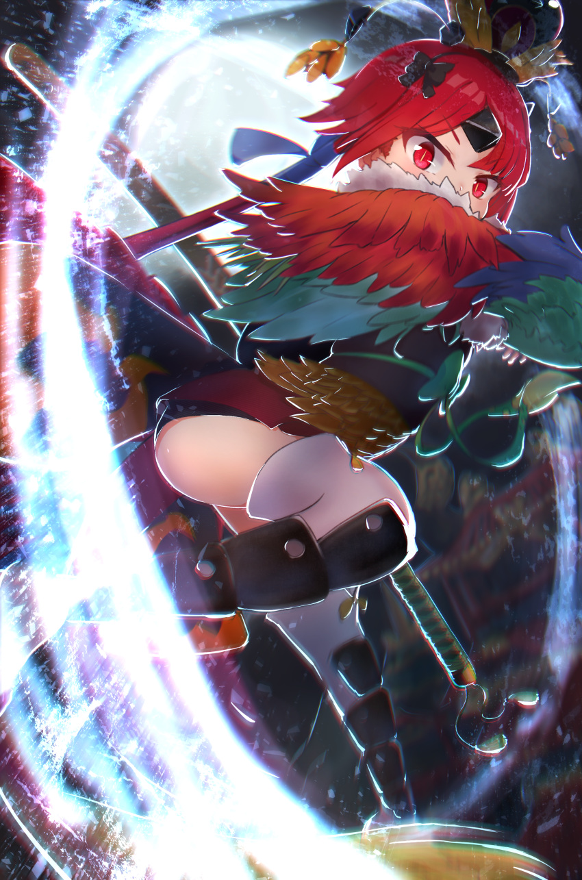 1girl absurdres backlighting bangs benienma_(fate/grand_order) black_dress blurry commentary_request covered_mouth dress energy eyebrows_visible_through_hair fate/grand_order fate_(series) feathers greaves hat headdress highres holding holding_sword holding_weapon japanese_clothes karu_(ricardo_2628) katana legs looking_at_viewer microdress motion_blur partial_commentary red_eyes redhead slit_pupils solo sword thigh-highs v-shaped_eyebrows weapon white_legwear wide_sleeves