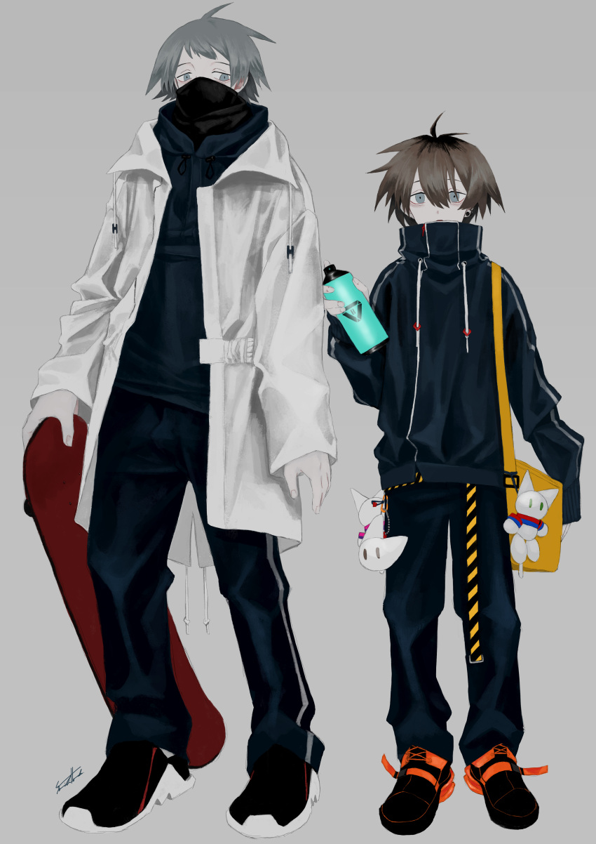 2boys absurdres bag brown_hair coat full_body grey_background grey_eyes grey_hair high_collar highres honda_souichi hood hood_down jacket looking_at_viewer male_focus mask multiple_boys original piercing short_hair skateboard spray_can