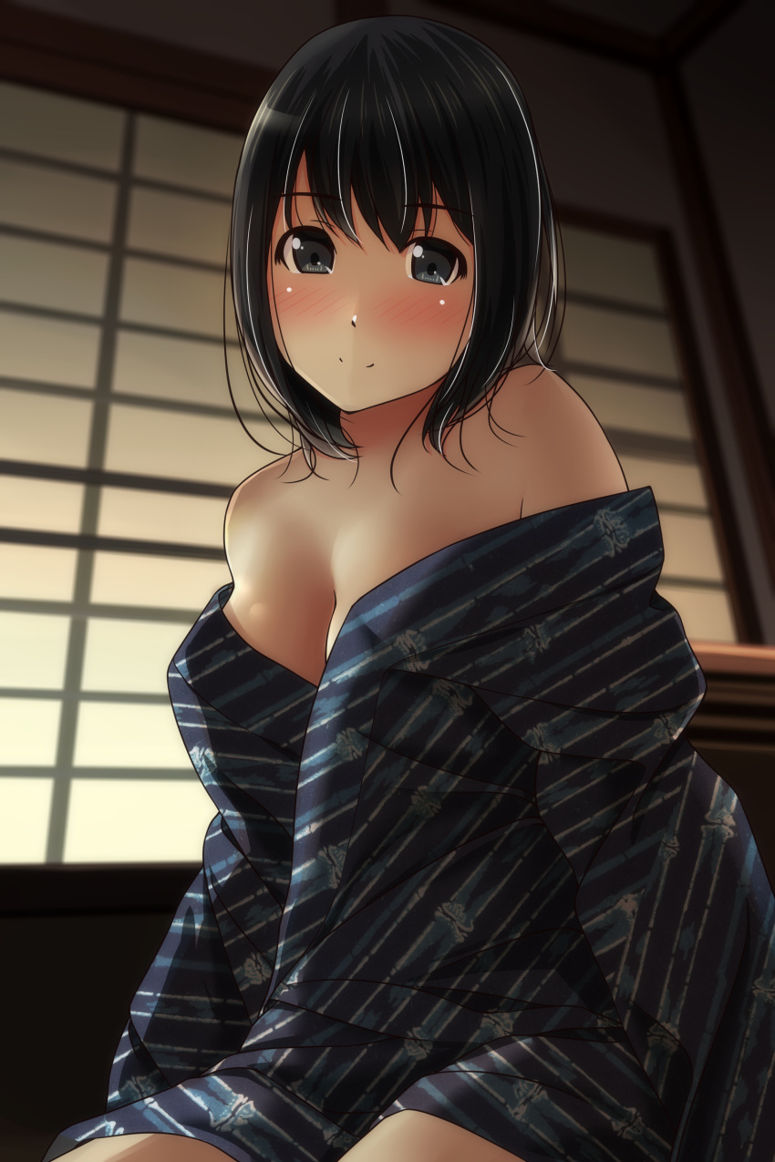 1girl absurdres bangs bare_shoulders black_hair blue_kimono blurry blurry_background blush breasts brown_eyes closed_mouth depth_of_field diagonal_stripes eyebrows_visible_through_hair hair_between_eyes highres indoors japanese_clothes kimono matsunaga_kouyou nose_blush off_shoulder original small_breasts smile solo striped striped_kimono