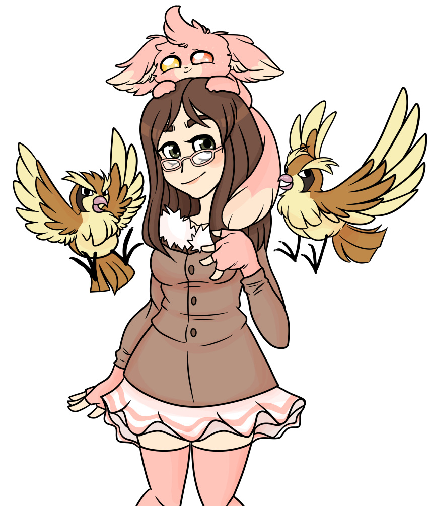 :3 bird black_eyes brown_hair cinnamon_(sinamuna) cowboy_shot fingerless_gloves glasses gloves green_eyes hazel_eyes heterochromia jacket long_hair minccino pidgey pink_eyes pokemon sinamuna_(character) skirt smile solo squeegwee thick_eyebrows thigh-highs yellow_eyes