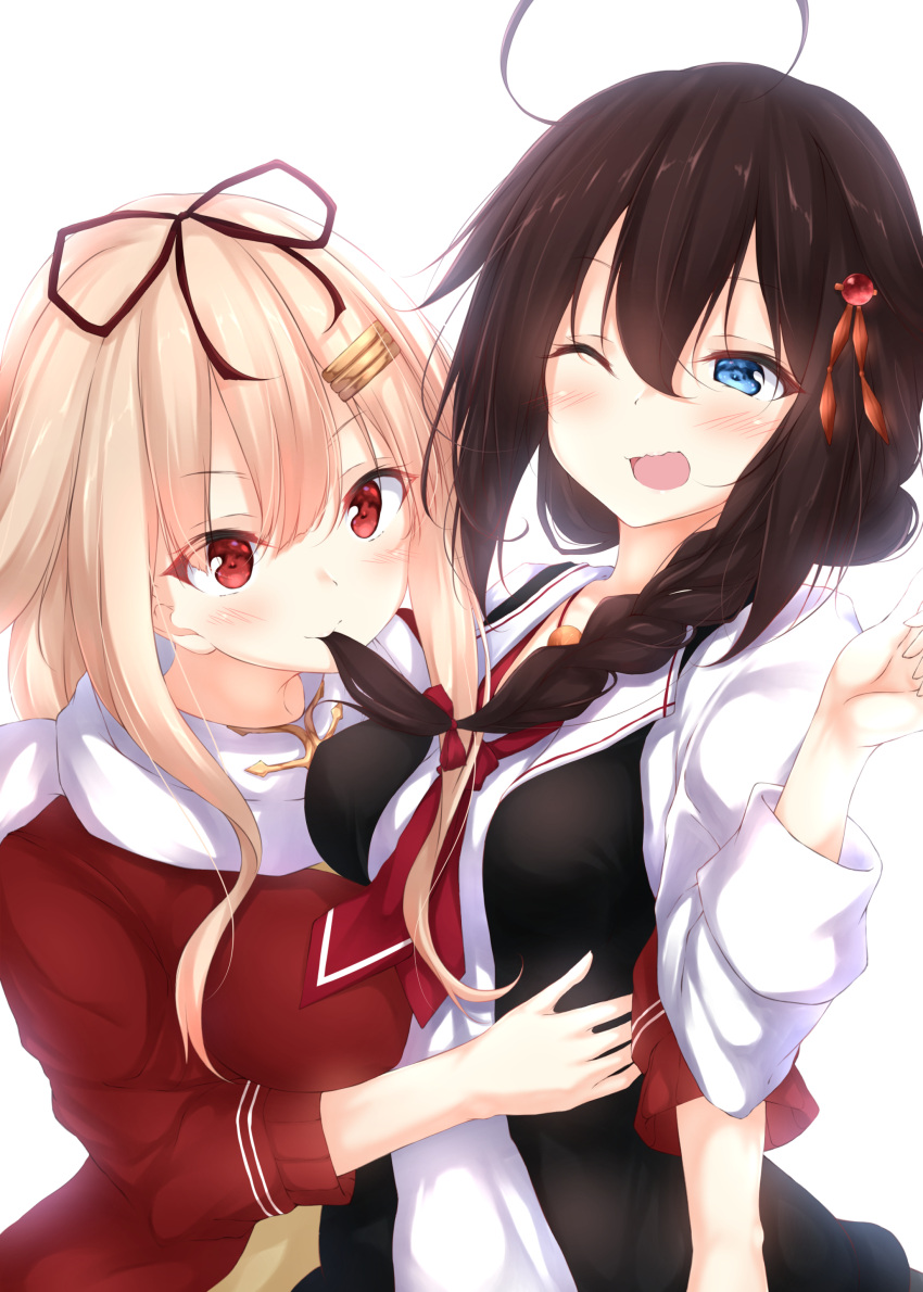 2girls absurdres alternate_costume biting biting_hair black_hair black_ribbon black_vest blonde_hair blue_eyes blush braid breasts eating_hair eyebrows_visible_through_hair gradient_hair hair_between_eyes hair_flaps hair_ornament hair_over_shoulder hair_ribbon hairclip highres jacket kantai_collection large_breasts long_hair messy_hair multicolored_hair multiple_girls neckerchief numpopo one_eye_closed open_mouth red_eyes red_jacket red_neckwear remodel_(kantai_collection) ribbon school_uniform shigure_(kantai_collection) simple_background straight_hair vest white_background yuudachi_(kantai_collection)