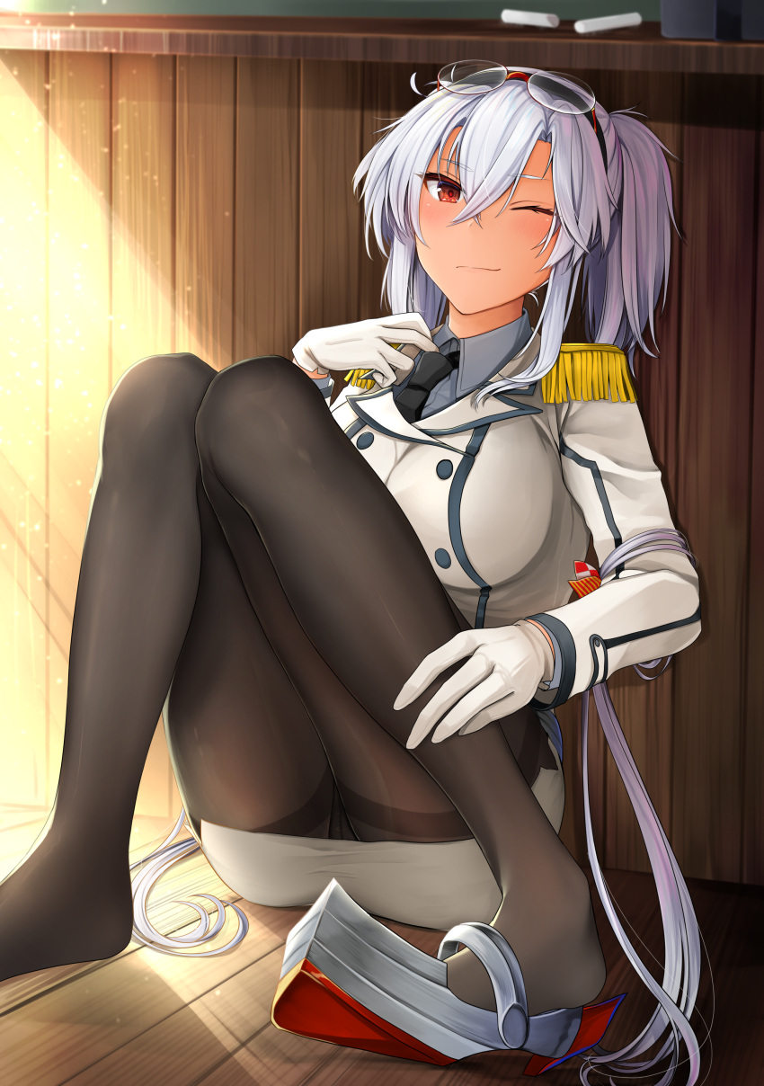 1girl absurdres ass black_neckwear breasts closed_mouth collared_shirt commentary_request cosplay desk epaulettes eyewear_on_head gloves grey_shirt hair_between_eyes highres indoors jacket kantai_collection katori_(kantai_collection) katori_(kantai_collection)_(cosplay) large_breasts long_hair long_sleeves looking_at_viewer musashi_(kantai_collection) necktie one_eye_closed pantyhose red_eyes shirt shoes sidelocks silver_hair single_shoe sitting smile solo thighband_pantyhose twintails very_long_hair white_gloves white_jacket wooden_floor yunamaro