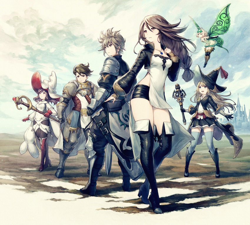2boys 4girls antenna_hair armor artist_request bare_shoulders black_coat black_footwear black_gloves black_hat black_jacket black_legwear black_pants black_shirt black_shorts black_skirt blue_eyes boots braid bravely_default:_fairy's_effect bravely_default_(series) breastplate brown_eyes brown_hair cape character_request coat commentary_request cropped_jacket dress elbow_gloves eyewear_on_head fairy fairy_wings flying full_armor full_body fur_trim gauntlets gem glasses gloves green_eyes grey_legwear hand_on_own_chest hat high_heels highres jacket jewelry knee_boots long_hair miniskirt multiple_boys multiple_girls official_art outdoors pants pauldrons pendant pointy_ears red_footwear red_gloves red_legwear rinne_(bravely_default) sheath sheathed shirt short_dress short_hair short_shorts shorts side_slit skirt smile staff strapless strapless_dress sword thigh-highs thigh_boots wand weapon white_cape white_dress white_hair white_hat white_shirt wings witch_hat