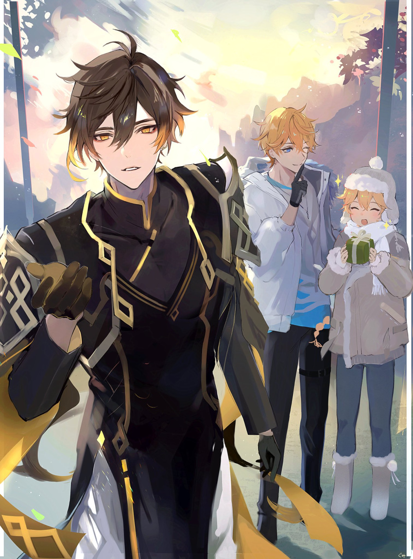 3boys aether_(genshin_impact) black_gloves black_hair black_pants blonde_hair blue_eyes boots box finger_to_mouth genshin_impact gift gift_box gloves gumilkx hair_between_eyes hat highres index_finger_raised jacket long_hair long_sleeves male_focus multicolored_hair multiple_boys official_alternate_costume one_eye_closed open_mouth orange_hair outdoors pants parted_lips sparkle standing tartaglia_(genshin_impact) zhongli_(genshin_impact)
