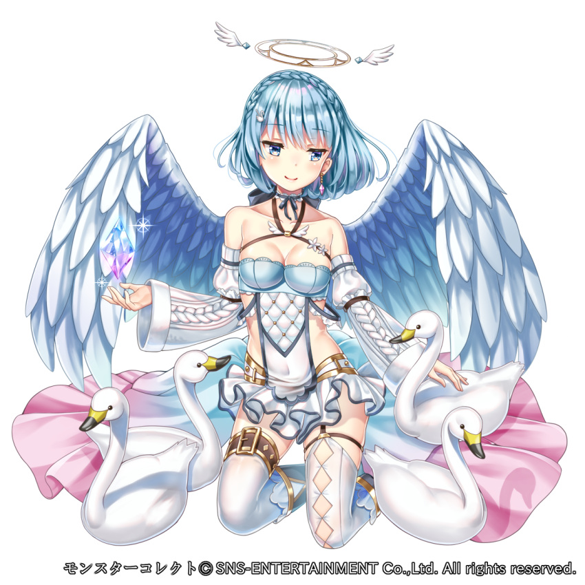 1girl angel_wings animal argyle_cutout bangs bare_shoulders bird black_bow black_choker blue_eyes blue_hair bow braid breasts choker cleavage closed_mouth collarbone covered_navel crystal detached_sleeves eyebrows_visible_through_hair feathered_wings full_body gradient hakuda_tofu halo head_tilt highres jewelry juliet_sleeves kneeling lace_trim long_sleeves looking_to_the_side medium_breasts miniskirt mismatched_legwear monster_collect official_art puffy_sleeves short_hair simple_background single_earring single_garter_strap skirt sleeves_past_wrists smile solo swan thigh-highs waist_cape watermark white_background white_legwear white_skirt wide_sleeves wings zettai_ryouiki