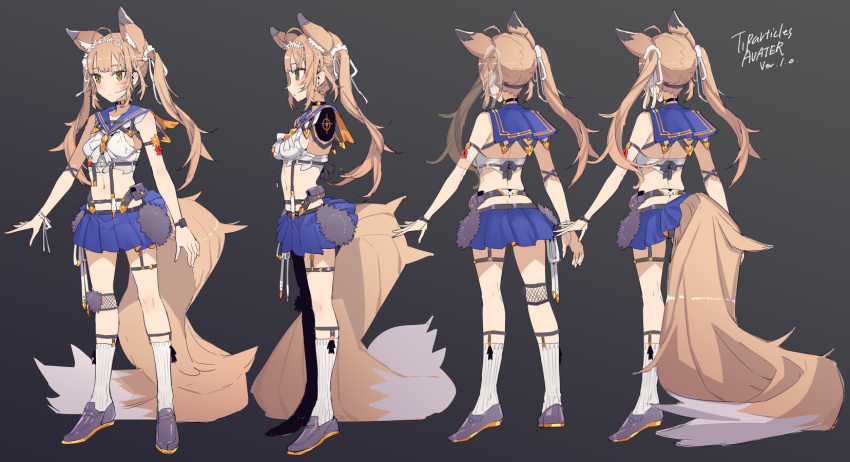 1girl animal_ear_fluff animal_ears bare_shoulders blue_sailor_collar blue_skirt blush brown_eyes brown_footwear brown_hair closed_mouth commentary_request facing_away fox_ears fox_girl fox_tail grey_background highres large_tail loafers looking_away midriff multiple_views navel original pleated_skirt profile ribbed_legwear sailor_collar shirt shoes skirt sleeveless sleeveless_shirt standing tail tajima_ryuushi thigh-highs turnaround twintails white_legwear white_shirt