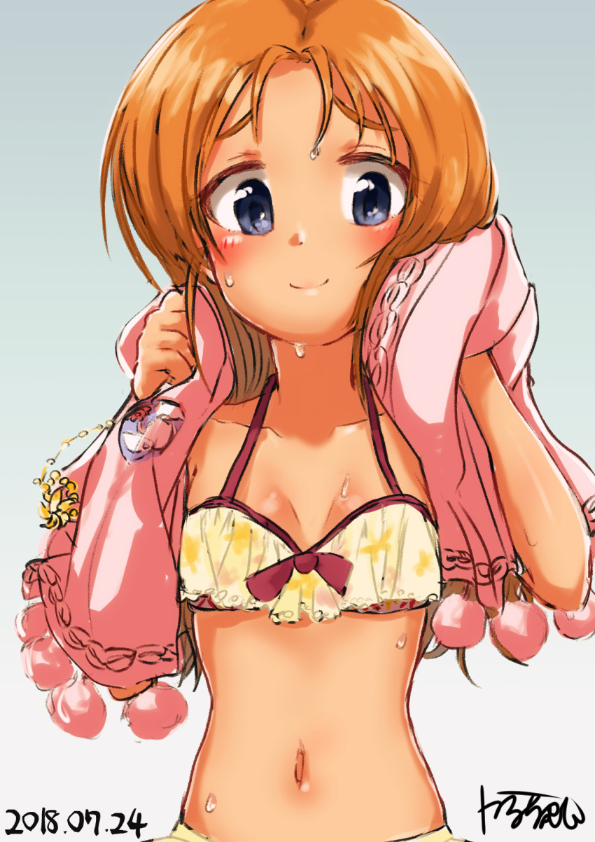 1girl alternate_hair_length alternate_hairstyle artist_name bangs bikini blue_eyes bow bow_bra bra breasts closed_mouth commentary_request dated emblem frilled_bikini frills girls_und_panzer hair_down highres holding holding_towel karu_(ricardo_2628) light_blush long_hair looking_at_viewer navel orange_hair orange_pekoe parted_bangs partial_commentary pink_towel signature small_breasts smile solo st._gloriana's_(emblem) swimsuit towel underwear wet yellow_bikini