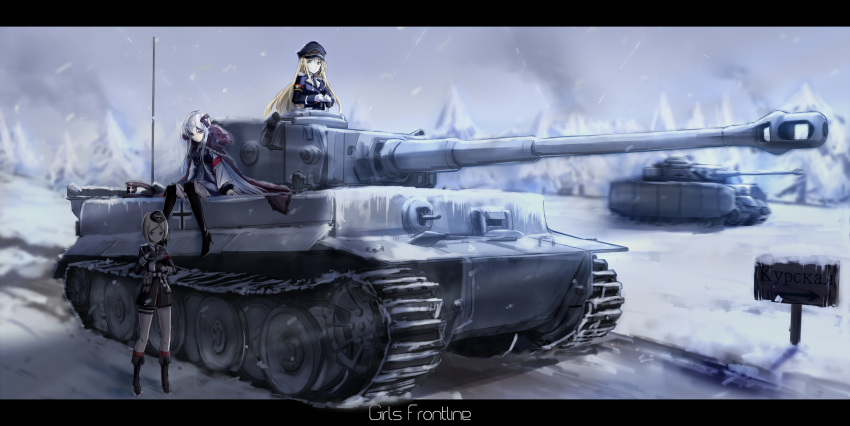 binoculars girls_frontline ground_vehicle gun hat highres kar98k_(girls_frontline) mag_(mag42) military military_hat military_uniform military_vehicle motor_vehicle mp40 mp40_(girls_frontline) signpost snow stg44_(girls_frontline) submachine_gun tank tiger_i uniform war weapon wehrmacht world_war_ii