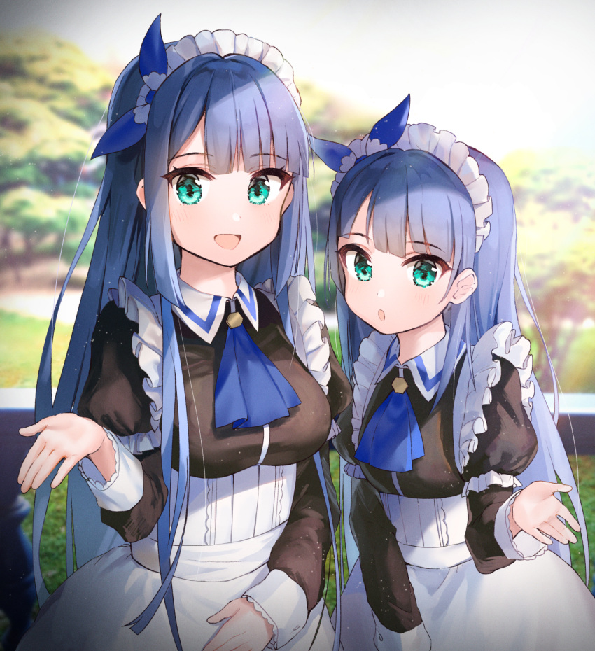 2girls :d :o apron aqua_eyes bangs battle_girl_high_school black_dress blue_hair blue_neckwear blue_ribbon blurry blurry_background blush breasts collared_dress commentary_request day depth_of_field dress eyebrows_visible_through_hair frilled_apron frills highres juliet_sleeves kiyosato0928 light_particles long_hair long_sleeves looking_at_viewer maid maid_apron maid_headdress medium_breasts multiple_girls open_mouth outdoors parted_lips puffy_sleeves ribbon sidelocks smile very_long_hair white_apron