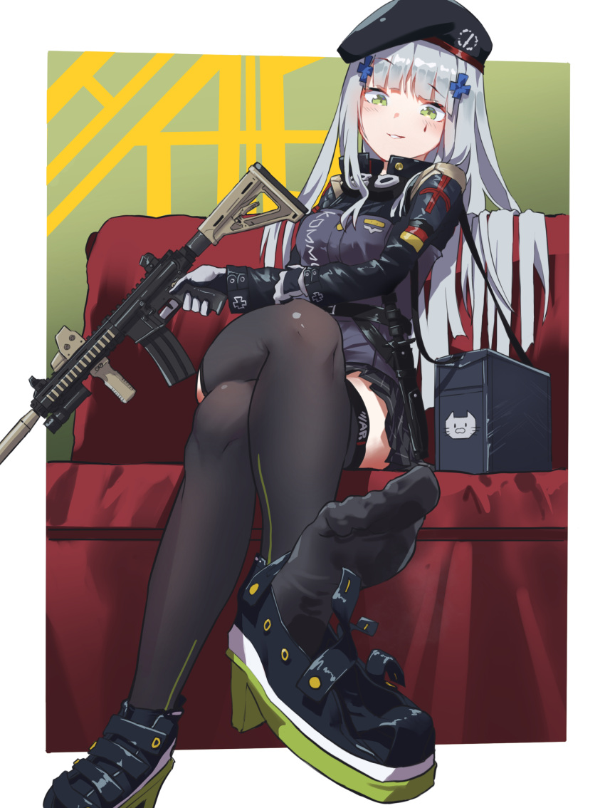 1girl aamond absurdres assault_rifle bangs belt beret black_footwear black_hat black_legwear blunt_bangs boots breasts commentary_request eyebrows_visible_through_hair facial_mark girls_frontline gloves green_eyes grin gun h&amp;k_hk416 hair_ornament hat heckler_&amp;_koch highres hk416_(girls_frontline) holding holding_gun holding_weapon holster jacket knife long_hair looking_at_viewer parted_lips plaid plaid_skirt rifle silver_hair simple_background sitting skirt smile solo teardrop thigh-highs thigh_holster thigh_strap trigger_discipline weapon