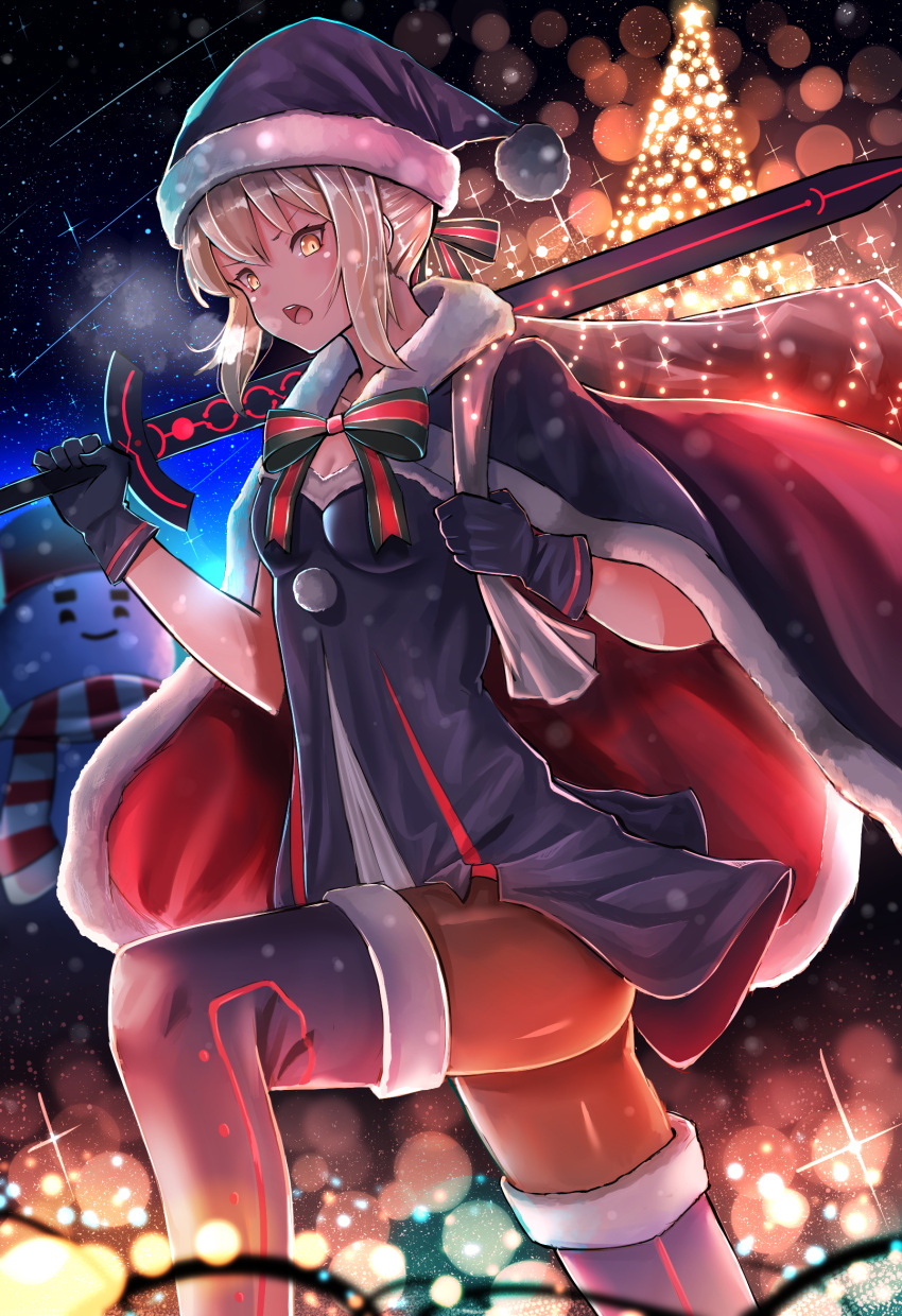 1girl alternate_costume artoria_pendragon_(all) bag bangs black_legwear blonde_hair boots box breasts cape christmas christmas_garland christmas_tree dark_excalibur excalibur fate/grand_order fate_(series) fur_trim garland_(decoration) gift gift_box gloves hat highres holding holding_sword holding_weapon looking_at_viewer pantyhose pasoputi ribbon saber saber_alter santa_alter santa_costume santa_hat short_hair sky small_breasts solo star star_(sky) starry_sky sword thigh-highs weapon yellow_eyes