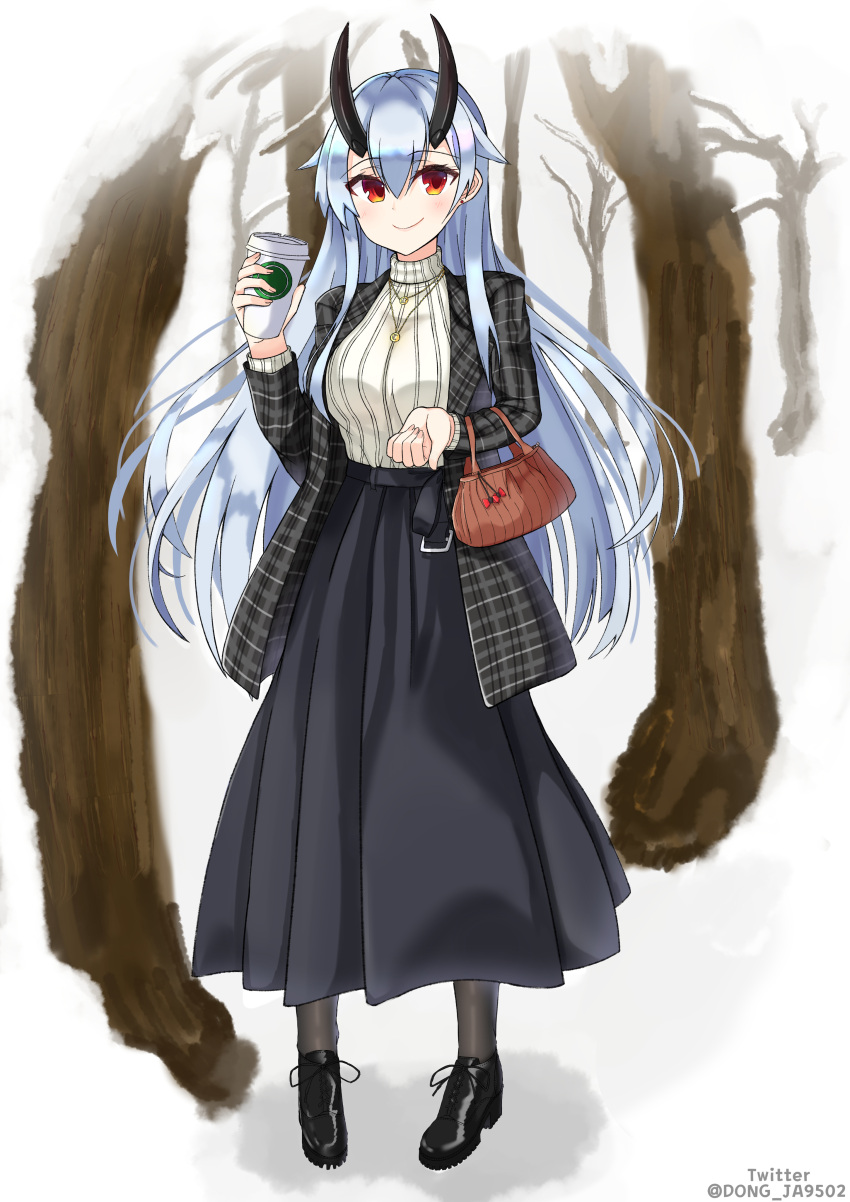 1girl absurdres alternate_costume bag black_footwear black_jacket black_legwear black_skirt blush breasts casual coffee_cup commentary_request contemporary cup disposable_cup dong_ja9502 fate/grand_order fate_(series) forest hair_between_eyes handbag highres holding holding_cup jacket large_breasts long_hair long_skirt nature oni_horns open_clothes open_jacket plaid_jacket red_eyes ribbed_sweater shoes silver_hair skirt smile snow solo sweater tomoe_gozen_(fate/grand_order) turtleneck turtleneck_sweater white_sweater winter