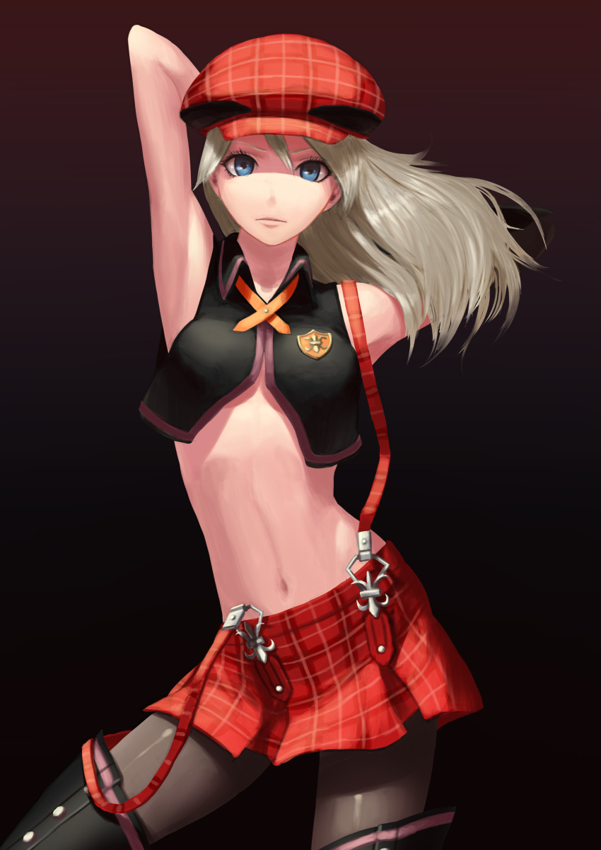 1girl absurdres alisa_ilinichina_amiella arm_up armpits black_background black_footwear blue_eyes boots floating_hair god_eater grey_hair grey_legwear hair_between_eyes hat higa-tsubasa highres long_hair looking_at_viewer midriff miniskirt navel pantyhose pleated_skirt red_hat red_skirt skirt solo standing stomach suspender_skirt suspenders thigh-highs thigh_boots