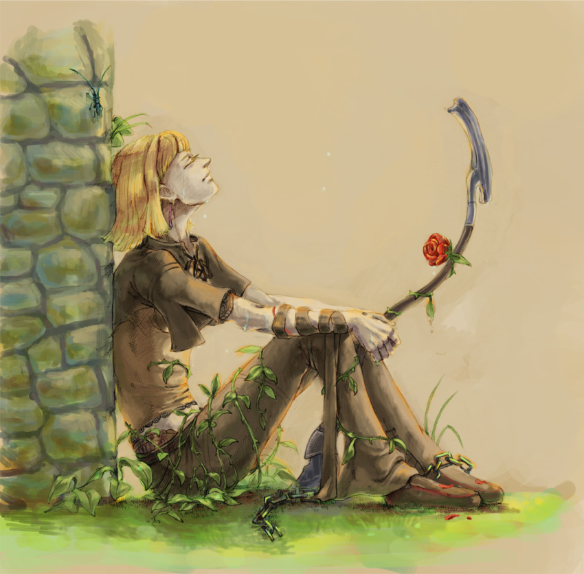 1girl against_wall bangs blonde_hair blunt_bangs blunt_ends breasts brick_wall broken broken_chain bug chain chains closed_eyes closed_mouth commentary_request drag-on_dragoon drag-on_dragoon_2 facing_up fantasy from_side full_body graphite_(medium) holding insect manah overgrown pants plant profile short_bangs short_hair short_sleeves solo sunakawa_mizuchi traditional_media vines yellow yellow_background