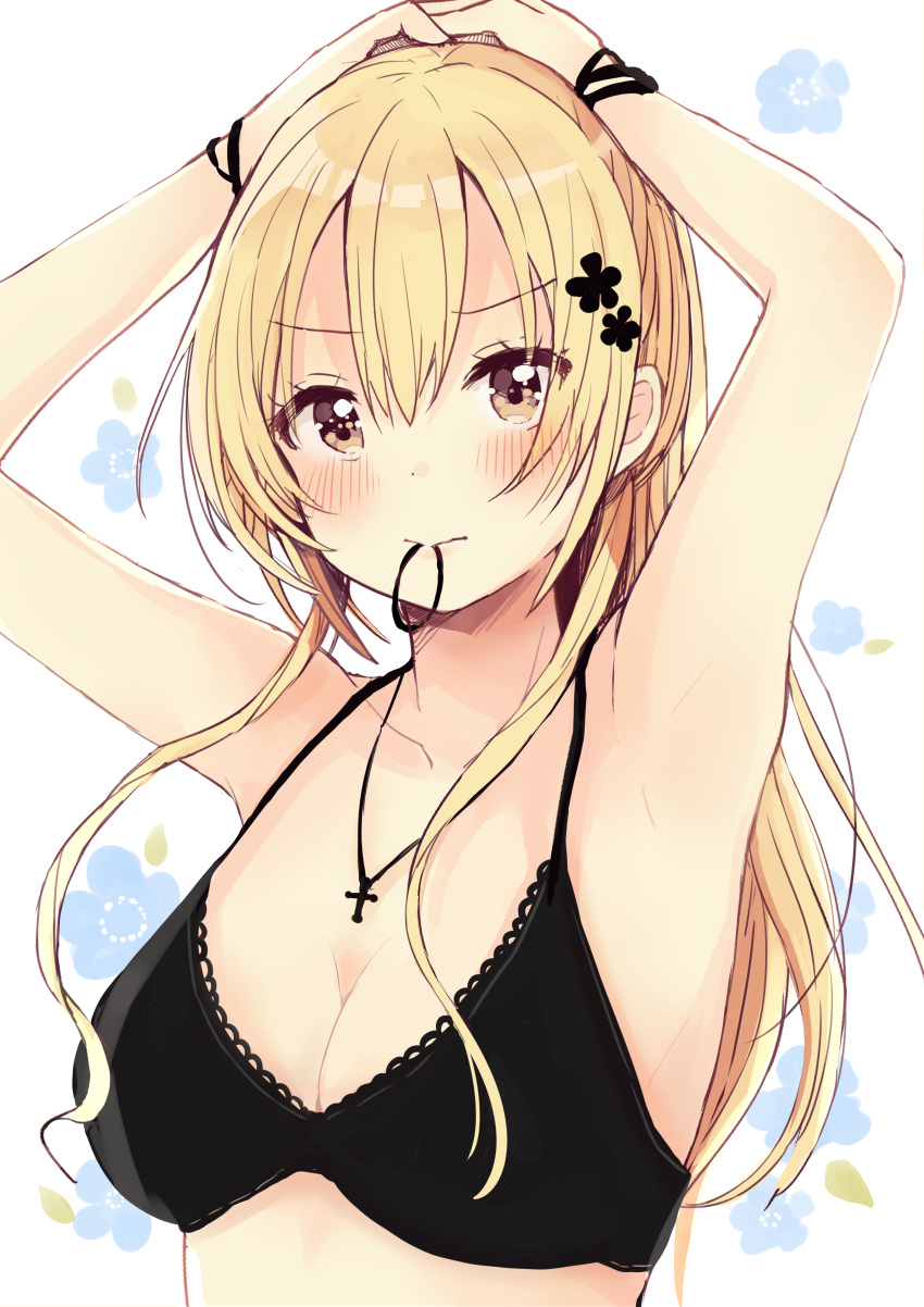 1girl absurdres arms_up bangs bare_arms bare_shoulders black_bra blonde_hair blush bra breasts brown_eyes bunching_hair cleavage closed_mouth collarbone cross cross_necklace eyebrows_visible_through_hair hair_between_eyes hair_tie hair_tie_in_mouth highres jewelry long_hair medium_breasts mouth_hold necklace original sakura_oriko solo tying_hair underwear upper_body