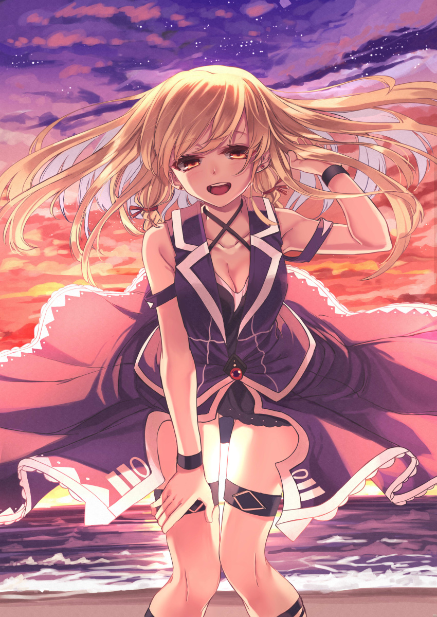 1girl :d absurdres beach blonde_hair breasts brown_eyes cleavage collarbone dusk earrings floating_hair halterneck hand_in_hair hand_on_lap highres jewelry long_hair looking_at_viewer medium_breasts mizuiro_raika ocean open_mouth original outdoors sky sleeveless smile solo standing sunset thigh_strap very_long_hair wristband