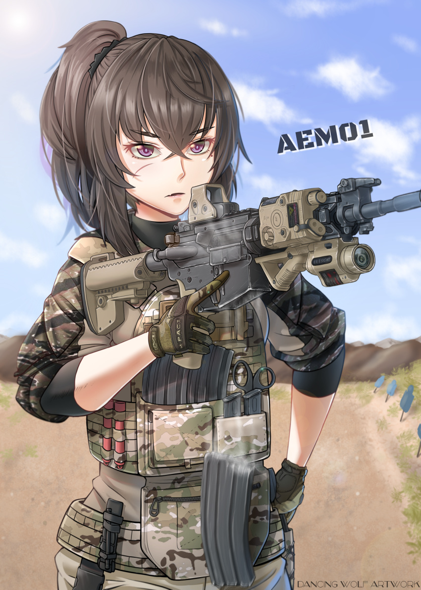 1girl absurdres assault_rifle brown_hair camouflage commentary dancing_wolf english_commentary eyebrows_visible_through_hair facial_scar flashlight gloves gun highres holding holding_gun holding_weapon laser_sight load_bearing_vest m4_carbine magazine_(weapon) motion_blur original outdoors ponytail rifle scar scar_on_cheek shooting_range solo trigger_discipline violet_eyes watermark weapon