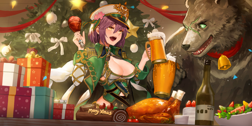 1girl absurdres animal bangs bear beer_mug bell bottle bow box breasts brown_eyes character_request christmas christmas_ornaments christmas_tree cleavage commentary_request cup danann drumsticks epaulettes eyebrows_visible_through_hair facial_scar final_blade foam food gift gift_box green_eyes green_jacket hair_between_eyes hat highres holding holding_cup holding_food jacket large_breasts long_sleeves merry_christmas open_clothes open_jacket open_mouth peaked_cap purple_hair scar short_hair solo star white_bow white_hat