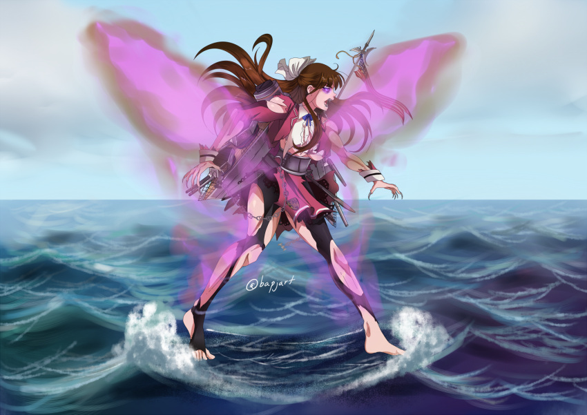 1girl american_flag angry aura beta_(joutarou) black_legwear bra breasts brown_hair chains claws commentary drooling english_commentary giantess glowing glowing_eyes hair_ribbon halberd half_updo jacket long_hair medium_breasts messy_hair muscle muscular_female open_mouth pacific pink_bra polearm red_jacket red_skirt ribbon sharp_teeth shirt skirt standing standing_on_liquid teeth torn_clothes torn_legwear twitter_username underwear uss_west_virginia_(bb-48) violet_eyes weapon west_virginia_(pacific) white_ribbon white_shirt
