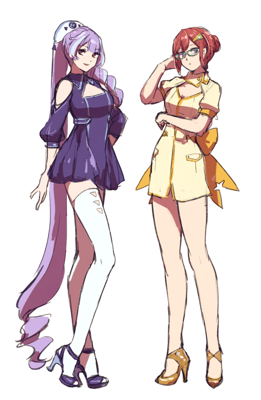 2girls :o :p absurdly_long_hair blue-tinted_eyewear bow breasts cleavage cleavage_cutout dress drill_hair full_body glasses hair_ornament hairclip hand_on_hip high_heels highres kaname_buccaneer long_hair looking_at_viewer macross macross_delta medium_breasts mikumo_guynemer multiple_girls pumps purple_dress purple_footwear purple_hair red_eyes redhead shimatani_azu short_dress short_hair short_sleeves shoulder_cutout simple_background standing thigh-highs tied_hair tongue tongue_out very_long_hair white_background white_dress white_legwear yellow_bow yellow_footwear zettai_ryouiki