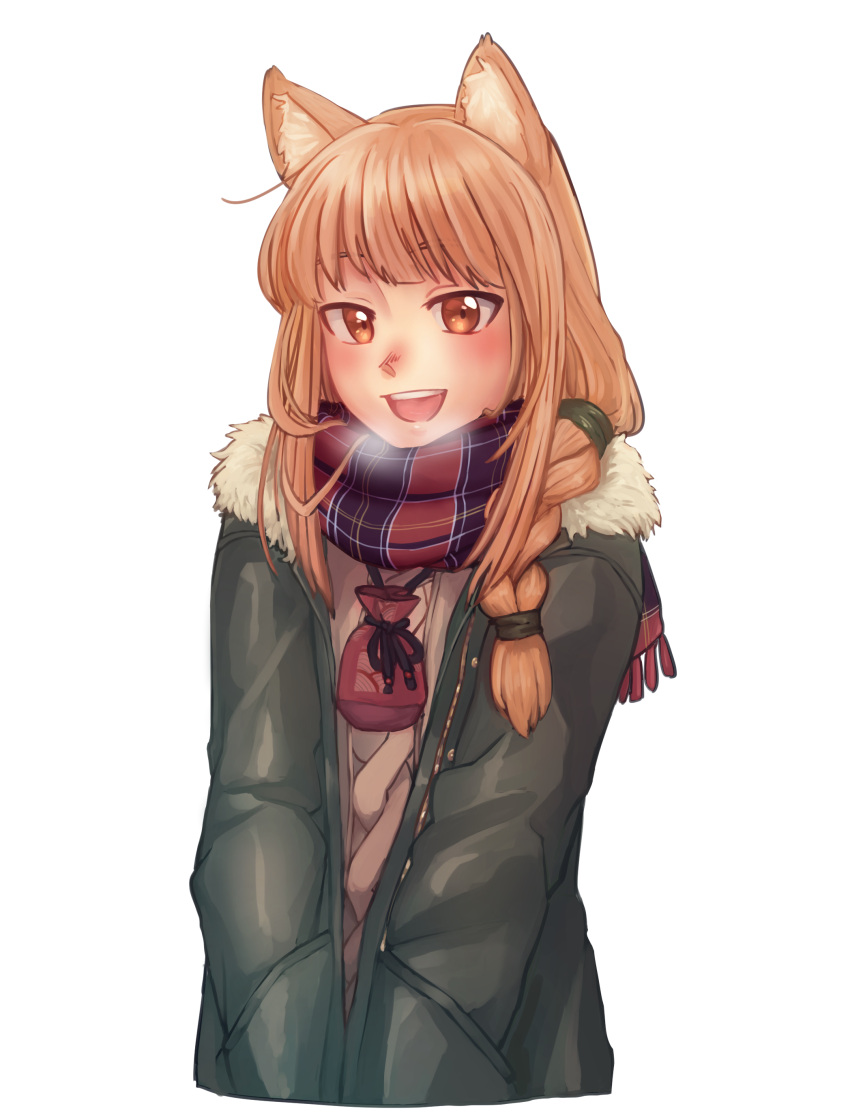 1girl absurdres animal_ear_fluff animal_ears braid brown_hair commentary english_commentary fur-trimmed_jacket fur_trim hands_in_pockets highres holo jacket long_hair looking_at_viewer open_mouth pouch red_eyes rokettopencil scarf solo spice_and_wolf transparent_background wolf_ears wolf_girl