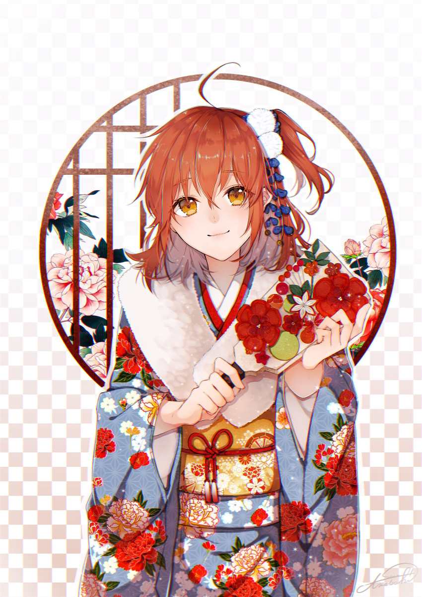 1girl absurdres ahoge bangs commentary_request eyebrows_visible_through_hair fate/grand_order fate_(series) floral_print flower fujimaru_ritsuka_(female) fur_trim furisode hagoita hair_ornament highres holding japanese_clothes kimono long_hair long_sleeves looking_at_viewer marei_(mercy) new_year obi orange_hair paddle sash side_ponytail signature smile solo upper_body wide_sleeves yellow_eyes
