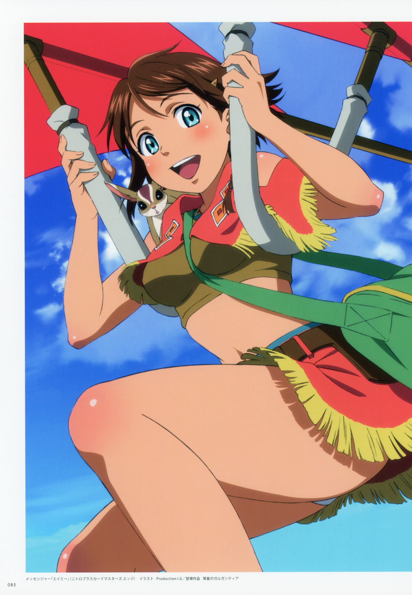 1girl absurdres aircraft amy_(suisei_no_gargantia) artist_request bag bangs blue_eyes blue_sky blush braid breasts brown_hair clouds cloudy_sky dark_skin day fingernails glider gliding hair_ornament highres huge_filesize looking_at_viewer medium_breasts midriff miniskirt official_art open_mouth outdoors panties scan shiny shiny_hair shiny_skin short_hair skirt sky sleeveless smile solo squirrel suisei_no_gargantia thighs twin_braids underwear upskirt white_panties