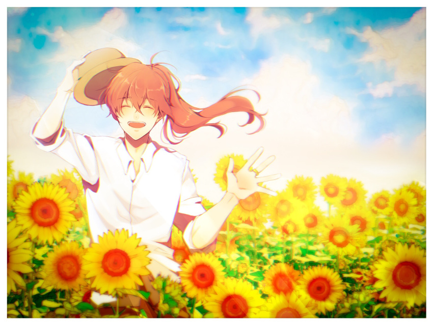 1boy :d ahoge bangs blue_sky closed_eyes clouds collared_shirt commentary_request day dress_shirt eyebrows_visible_through_hair facing_viewer fate/grand_order fate_(series) field flower flower_field hat highres holding holding_hat jewelry long_hair male_focus marei_(mercy) open_mouth outdoors ponytail redhead ring romani_archaman shirt sky sleeves_rolled_up smile solo sunflower upper_body waving white_shirt wing_collar