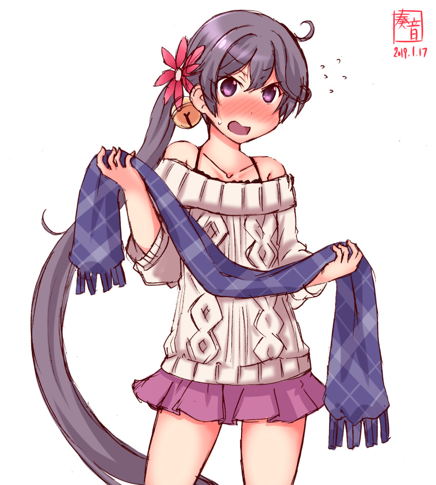 1girl akebono_(kantai_collection) alternate_costume aran_sweater artist_logo bare_shoulders bell blush casual collarbone cowboy_shot dated eyebrows_visible_through_hair flat_chest flower hair_bell hair_between_eyes hair_flower hair_ornament highres jingle_bell kanon_(kurogane_knights) kantai_collection long_sleeves looking_at_viewer miniskirt open_mouth pink_skirt purple_hair scarf side_ponytail signature simple_background skirt solo standing sweatdrop sweater violet_eyes white_background