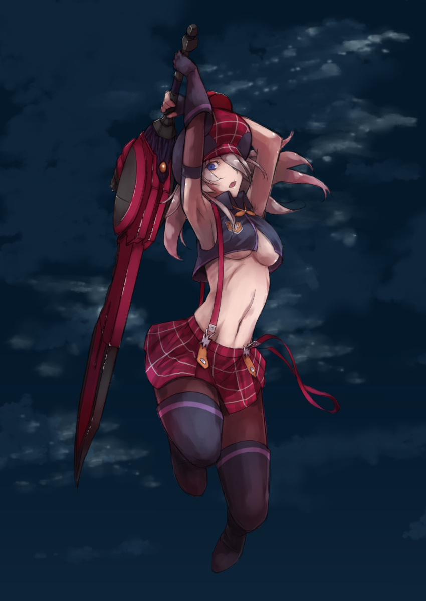 1girl alisa_ilinichina_amiella armpits black_footwear black_gloves black_legwear blue_eyes boots breasts clouds fingerless_gloves floating_hair full_body gloves god_eater grey_hair hair_over_one_eye hat highres holding holding_sword holding_weapon jumping legs_up long_hair looking_at_viewer medium_breasts midriff miniskirt navel night night_sky nina_(ninageya) office_lady open_mouth outdoors pantyhose red_hat red_skirt sideboob skirt sky stomach suspender_skirt suspenders sword thigh-highs thigh_boots under_boob weapon