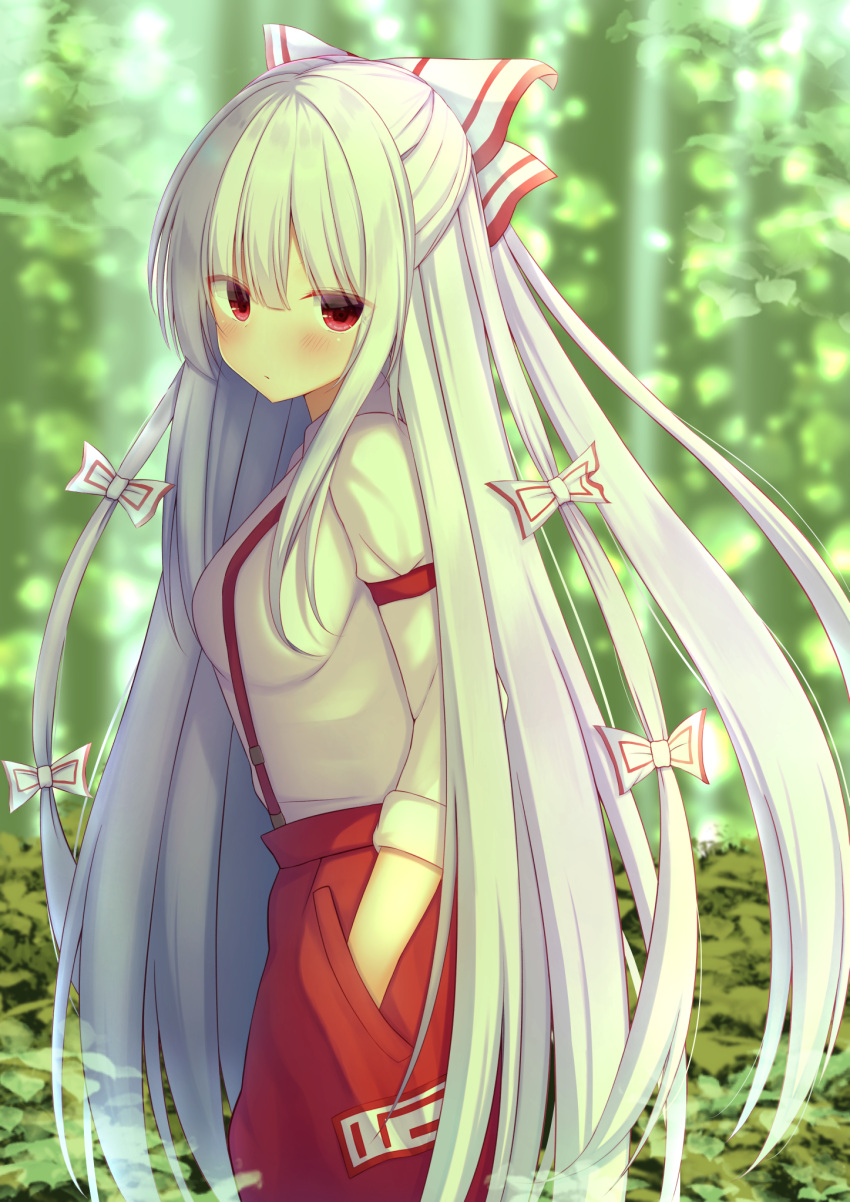 1girl bangs blurry blurry_background blush bow breasts closed_mouth commentary_request cowboy_shot firepo fujiwara_no_mokou hair_bow hair_ribbon half_updo hand_in_pocket highres long_hair long_sleeves looking_at_viewer looking_to_the_side medium_breasts pants plant red_eyes red_pants ribbon shirt shirt_tucked_in sidelocks solo standing suspenders touhou very_long_hair white_bow white_hair white_ribbon white_shirt