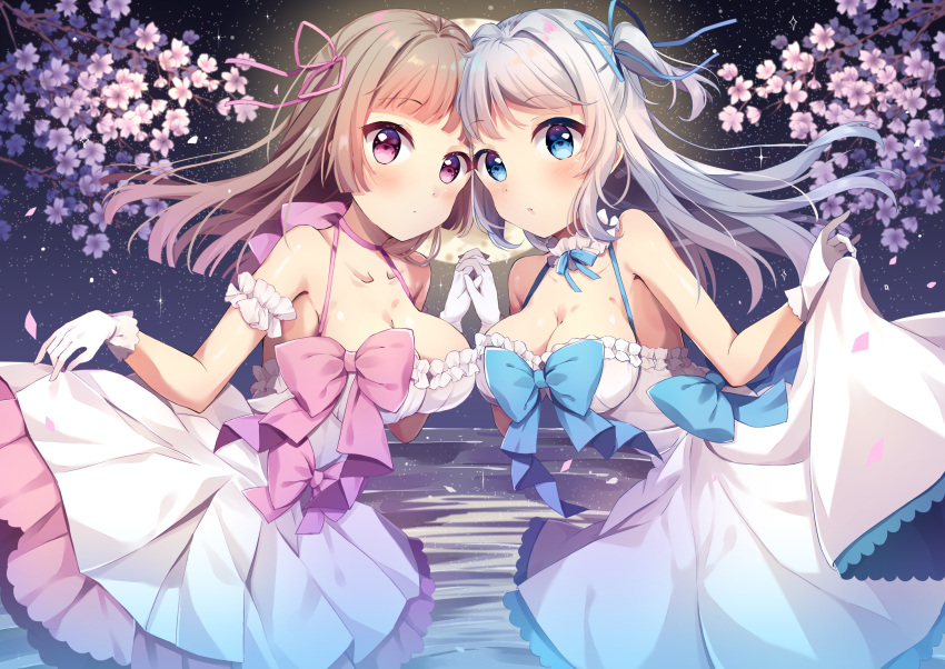 2girls bangs bare_shoulders blue_bow blue_eyes blue_ribbon bow breasts brown_hair cleavage collarbone commentary_request dress eyebrows_visible_through_hair flower gloves grey_hair hair_ribbon hand_holding highres horizon interlocked_fingers large_breasts long_hair multiple_girls night night_sky one_side_up original pink_bow pink_flower pink_ribbon pleated_dress red_eyes ribbon skirt_hold sky sleeveless sleeveless_dress star_(sky) starry_sky symmetrical_pose torokeru_none tree_branch very_long_hair water white_dress white_gloves