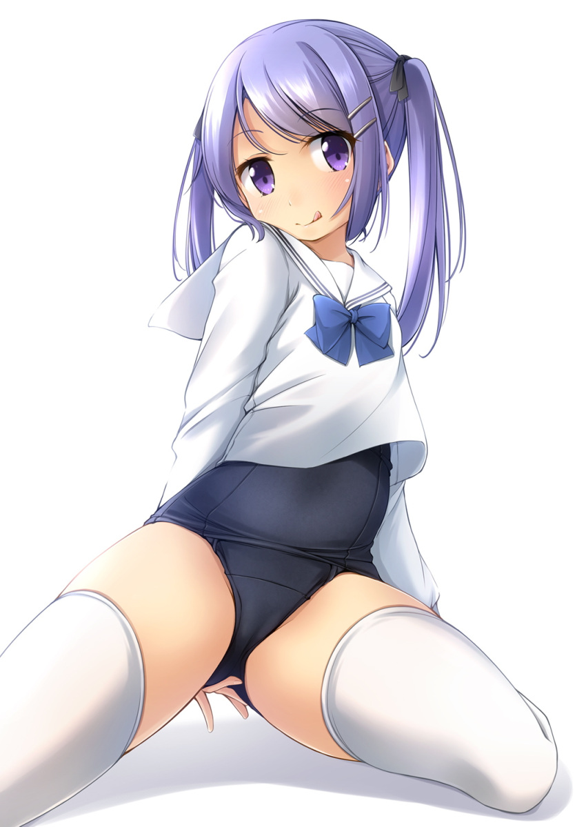 1girl black_swimsuit full_body hair_ornament hairclip highres kneeling looking_at_viewer no_pants old_school_swimsuit original purple_hair sailor_collar school_swimsuit school_uniform serafuku shibacha shirt simple_background solo swimsuit swimsuit_under_clothes thigh-highs twintails violet_eyes white_background white_legwear white_sailor_collar white_shirt