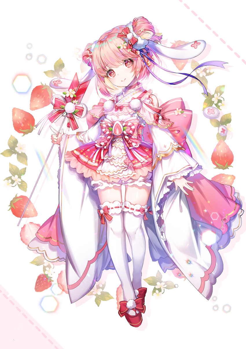 1girl animal_ears apple_caramel arrow bangs blue_ribbon choker closed_mouth commentary_request double_bun dress eyebrows_visible_through_hair floppy_ears flower food food_fantasy fruit full_body hair_flower hair_ornament highres holding_arrow ichigo_daifuku ichigo_daifuku_(food_fantasy) long_sleeves pink_eyes pink_hair pink_ribbon rabbit_ears rainbow red_choker red_footwear red_ribbon ribbon short_hair sleeves_past_wrists smile solo strawberry symbol-shaped_pupils thigh-highs wagashi white_bloomers white_dress white_flower white_legwear wide_sleeves
