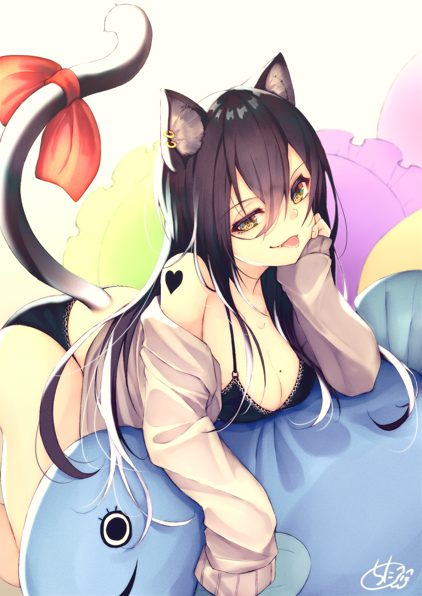 1girl :p animal_ear_fluff animal_ears bangs black_bra black_panties blush bow bra breasts brown_eyes brown_hair brown_jacket cat_ears cat_girl cat_tail chita_(ketchup) commentary_request ear_piercing eyebrows_visible_through_hair fangs fish_pillow hair_between_eyes head_tilt heart highres jacket long_hair mole mole_on_breast off_shoulder open_clothes open_jacket original panties piercing pillow red_bow signature solo tail tail_bow tail_raised tongue tongue_out underwear very_long_hair