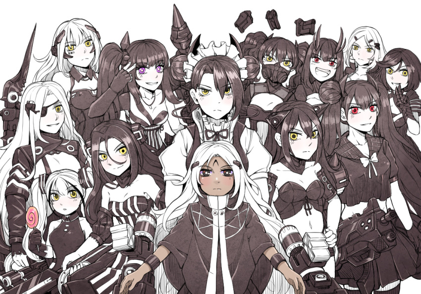 6+girls :&lt; :d agent_(girls_frontline) alchemist_(girls_frontline) architect_(girls_frontline) bangs black_hair blunt_bangs breasts destroyer_(girls_frontline) double_bun dreamer_(girls_frontline) dress drone elisa_(girls_frontline) executioner_(girls_frontline) eyepatch gager_(girls_frontline) girls_frontline hair_ornament hunter_(girls_frontline) intruder_(girls_frontline) judge_(girls_frontline) kokukyukeo long_hair looking_at_viewer maid_dress maid_headdress medium_breasts multiple_girls open_mouth ouroboros_(girls_frontline) partially_colored red_eyes sangvis_ferri scarecrow_(girls_frontline) short_hair side_ponytail small_breasts smile twintails violet_eyes weapon white_hair yellow_eyes
