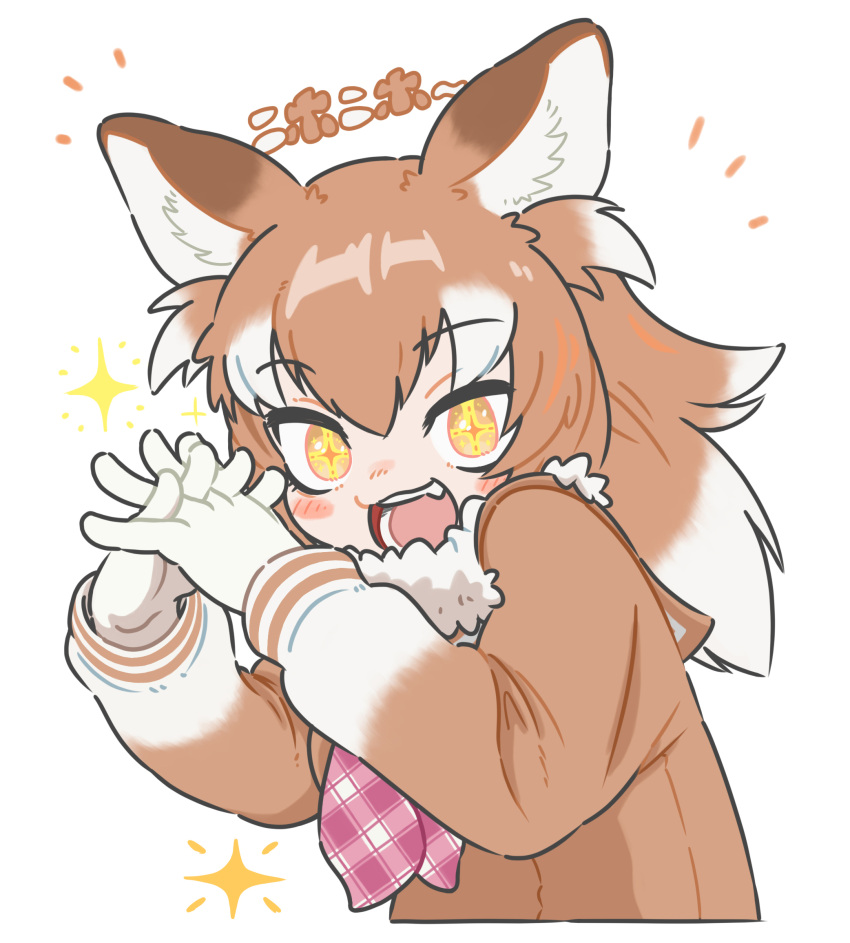 +_+ 1girl :d animal_ears appleq ascot bangs blush brown_eyes brown_hair commentary_request eyebrows_visible_through_hair fang fur_collar gloves grey_hair hands_together hands_up highres interlocked_fingers japanese_wolf_(kemono_friends) kemono_friends long_hair long_sleeves looking_at_viewer multicolored_hair open_mouth orange_pupils own_hands_together plaid plaid_neckwear sailor_collar smile solo sparkle sweater two-tone_hair upper_body white_gloves wolf_ears