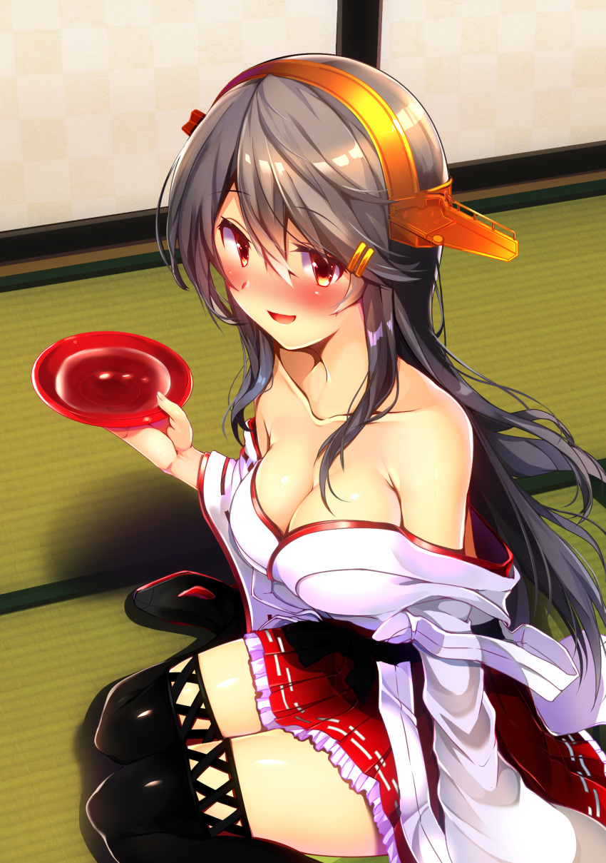 1girl :d alcohol bangs bare_shoulders black_hair blush boots breasts brown_eyes collarbone cup detached_sleeves drunk eyebrows_visible_through_hair female hair_between_eyes hair_ornament hairband hairclip hand_up haruna_(kantai_collection) headgear highres holding holding_cup indoors japanese_clothes kantai_collection kimono large_breasts long_hair looking_at_viewer neck nontraditional_miko off_shoulder open_mouth petticoat red_skirt sakazuki sake shadow sitting skirt smile solo tatami thigh-highs thigh_boots tsukui_kachou wariza white_kimono