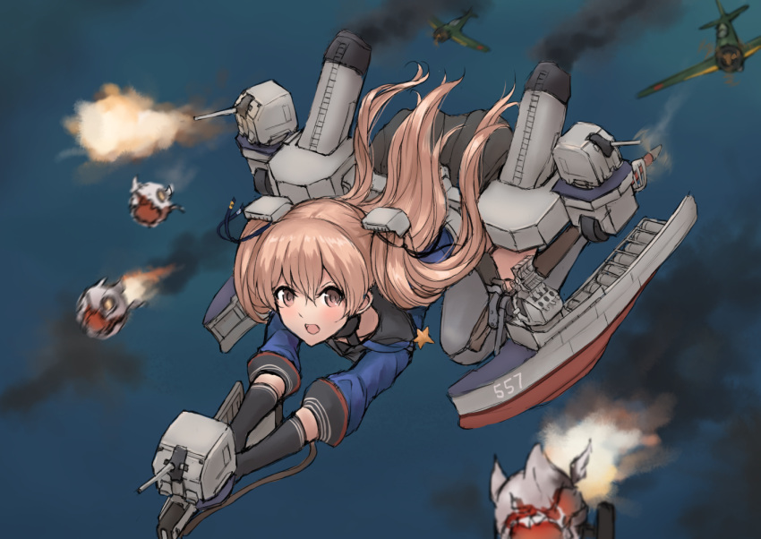 1girl 3others adapted_turret aircraft aircraft_request airplane black_gloves black_legwear black_skirt blue_shirt breasts brown_eyes cannon character_request cleavage commentary_request full_body garter_straps gloves johnston_(kantai_collection) k_jie kantai_collection light_brown_hair long_hair machinery multiple_others off_shoulder pleated_skirt sailor_collar school_uniform serafuku shin_guards shinkaisei-kan shirt skirt smokestack thigh-highs turret twintails us_medal_of_honor