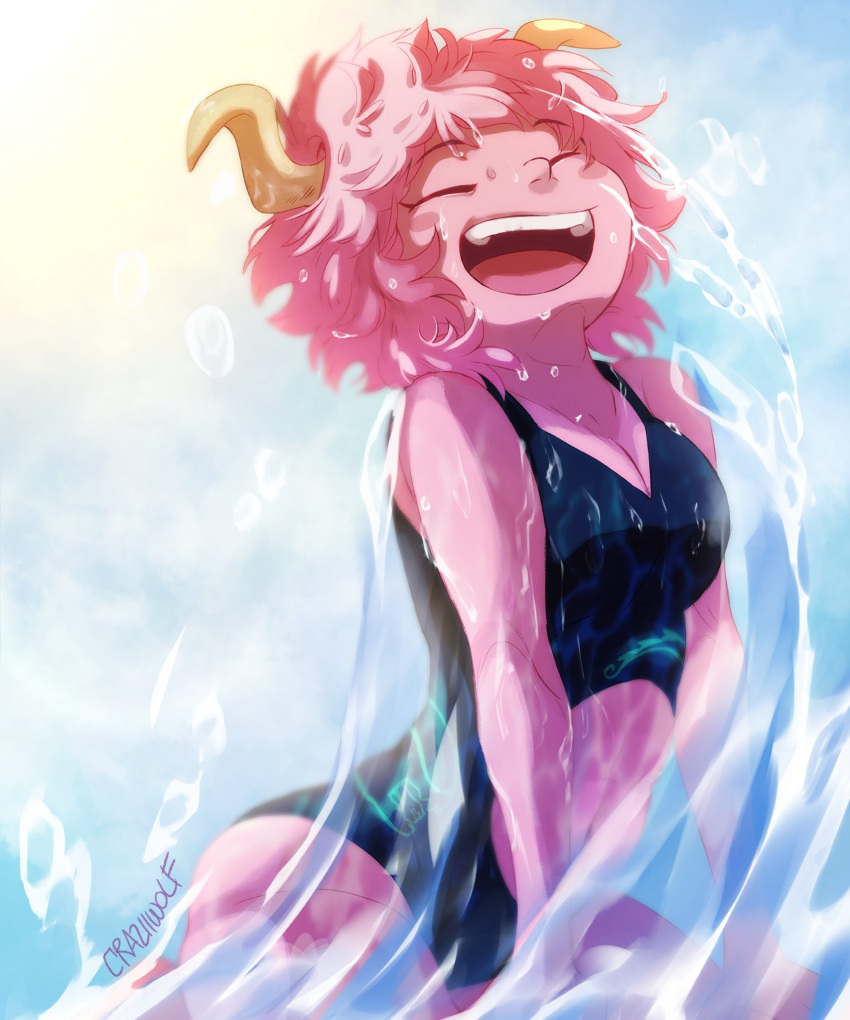 1girl artist_name ashido_mina bare_shoulders blue_swimsuit boku_no_hero_academia closed_eyes eyebrows_visible_through_hair highres horns open_mouth pink_hair pink_skin short_hair simple_background smile solo swimsuit water